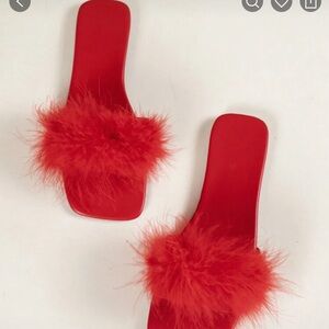 SHEIN Red Fluffy Pom-Pom Slippers